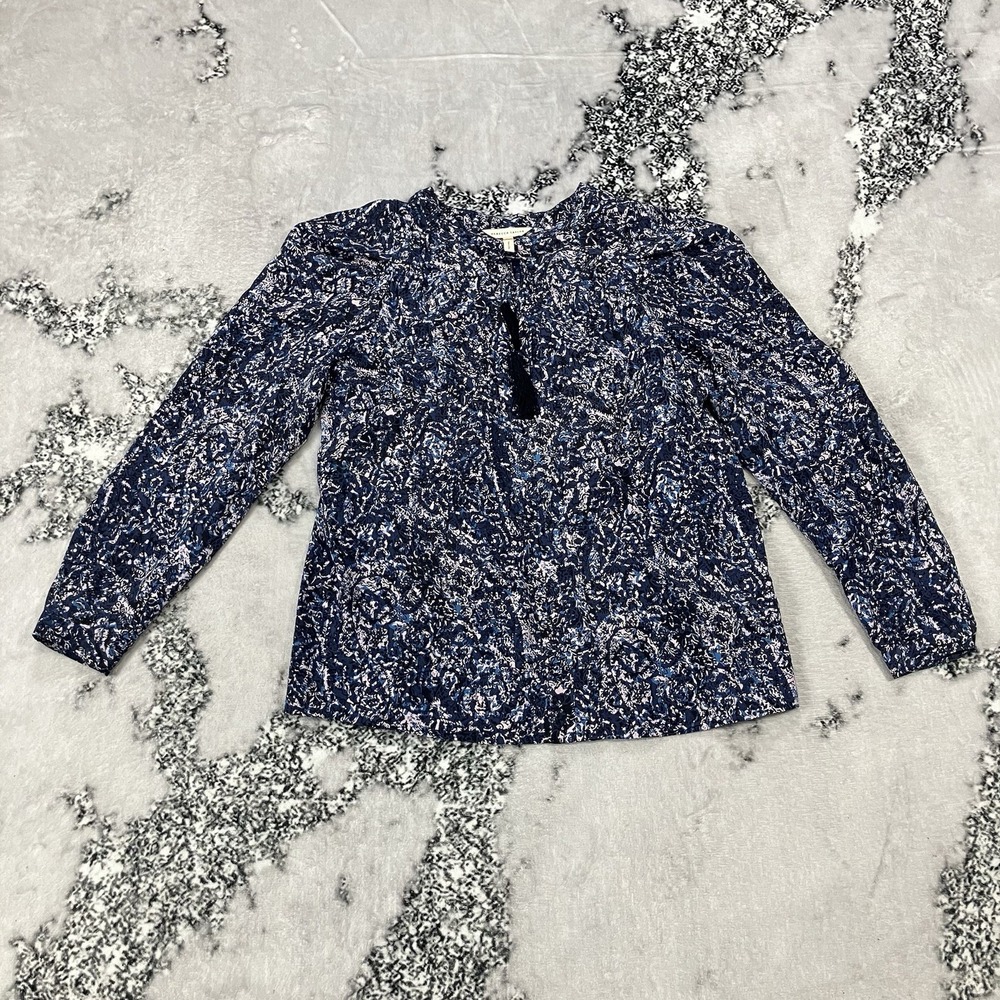 Rebecca Taylor Blue Abstract Blouse Women's Size‎ 0 Long Sleeve Tie Neck Top